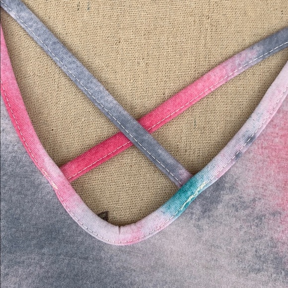 ❌DONATED❌Pink Blue White Tie Dye Cold Shoulder Criss Cross Tunic Top - Picture 5 of 9